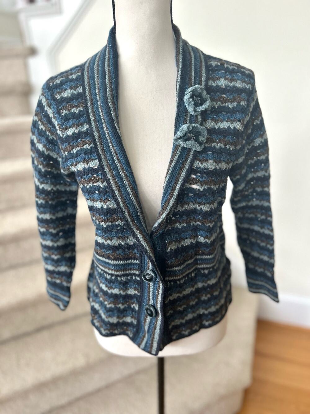 Vintage Y2K Blue & Metallic Brown Crochet Knit Rosette Cardigan